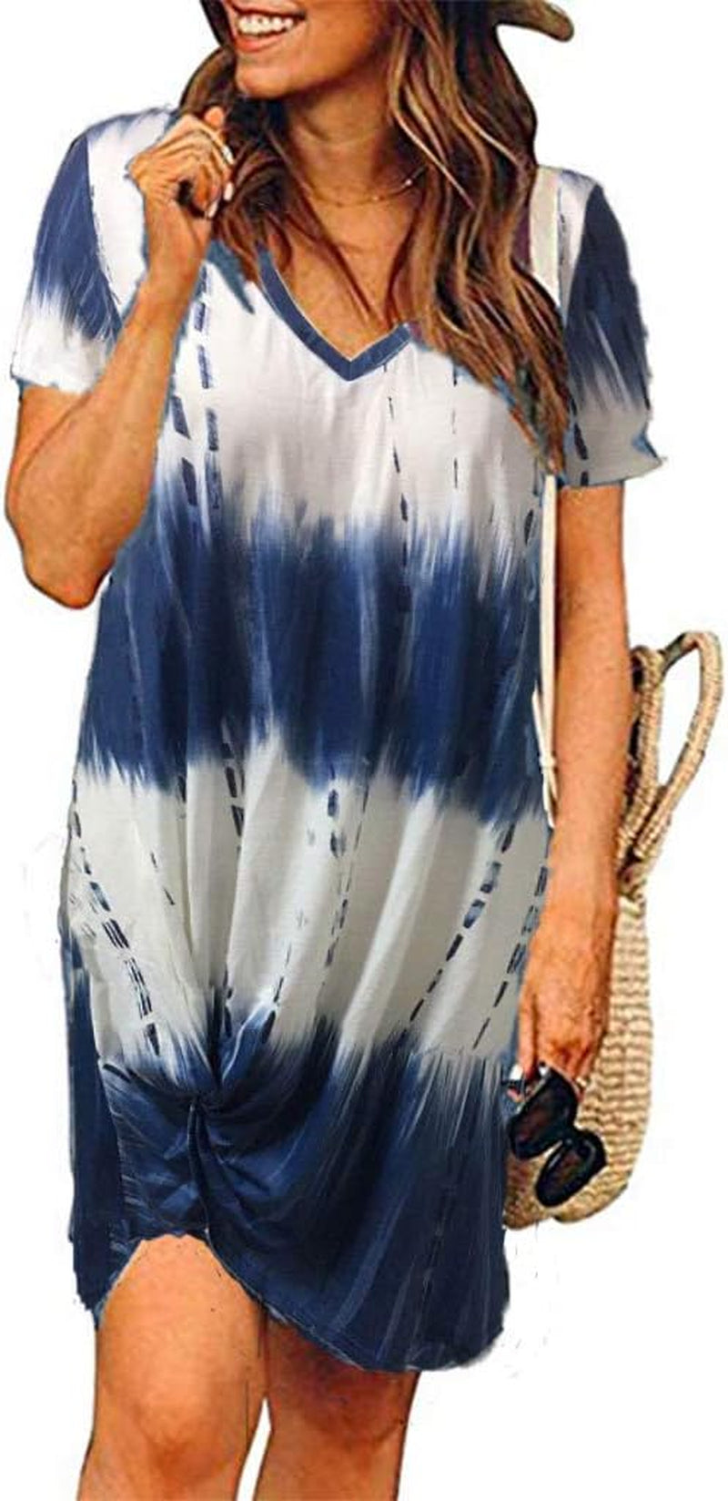 Loose Fit Short Sleeve Tie Dye Dress Casual V Neck Knee Length Tee Dress XXL Blue Floral