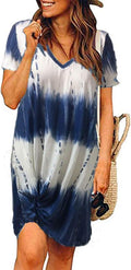 Loose Fit Short Sleeve Tie Dye Dress Casual V Neck Knee Length Tee Dress XXL Blue Floral