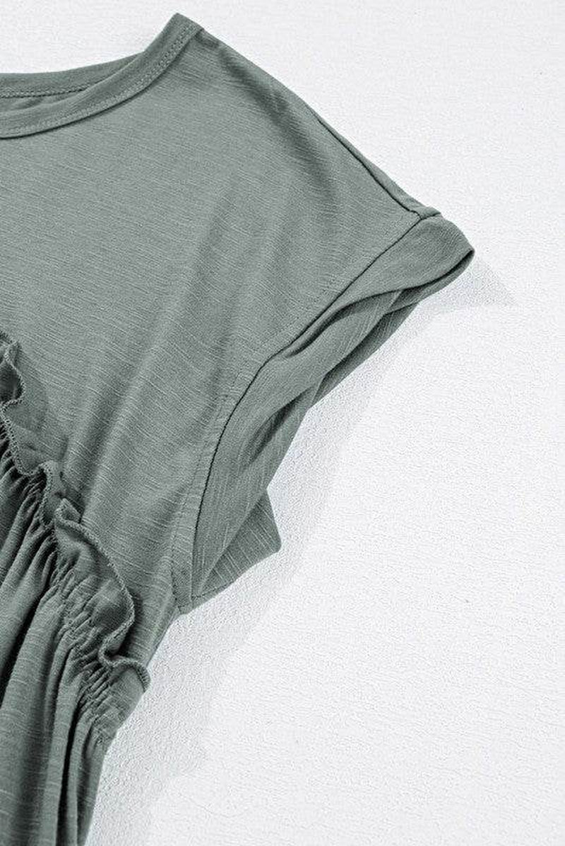 Viscose Green Frilled Seam Pocket T Shirt Dress