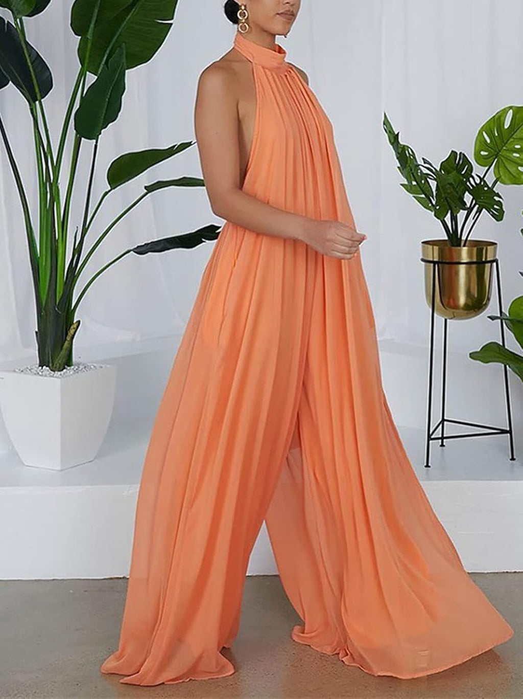 Women’S Sexy Summer Jumpsuit Halter Neck Sleeveless Chiffon Wide Leg Long Pant Jumpsuit Romper One Piece Party Outfit Orange Large