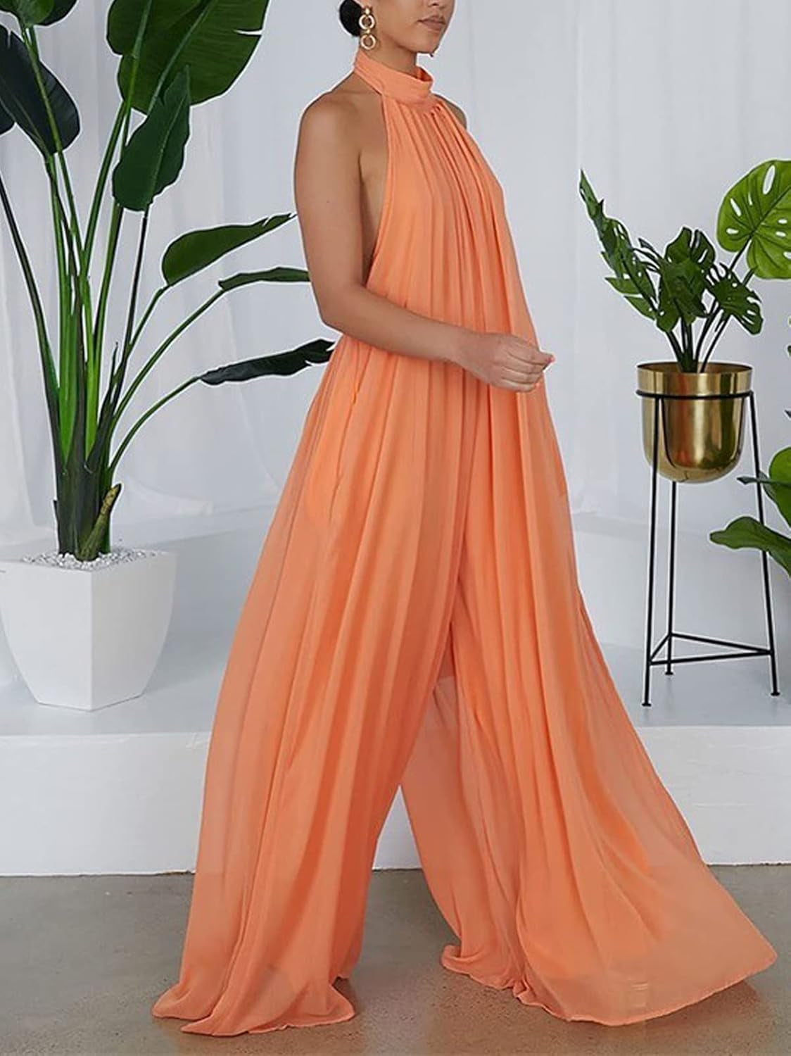 Women’S Sexy Summer Jumpsuit Halter Neck Sleeveless Chiffon Wide Leg Long Pant Jumpsuit Romper One Piece Party Outfit Orange Large