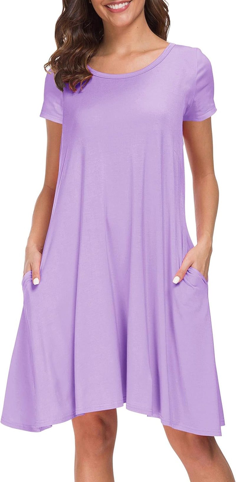 Womens Short Sleeve Loose Pockets Dress Casual Swing T-Shirt Dresses