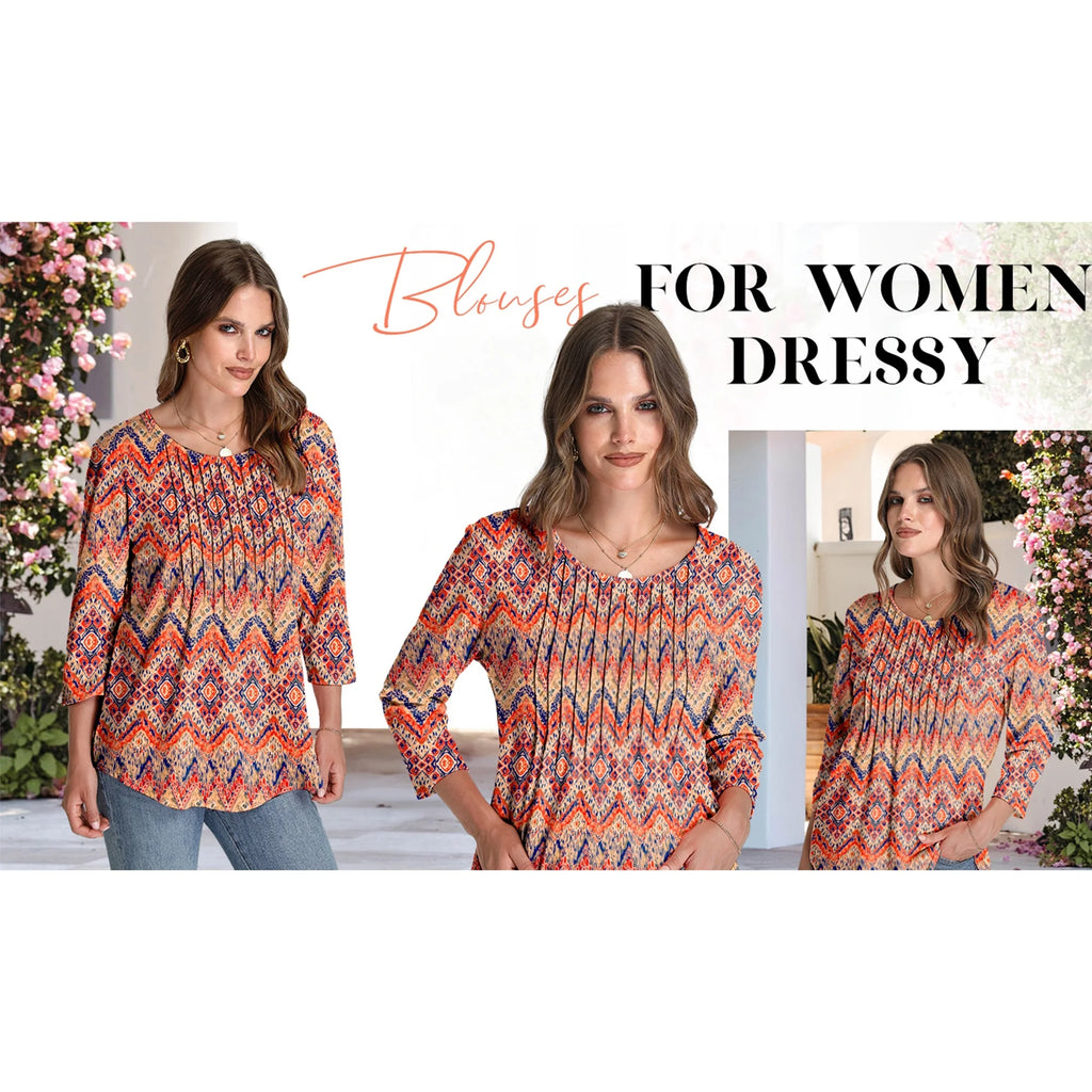Women Summer Blouses 3/4 Sleeves Loose Fit Shirts Ladies Pleated Crew Neck Tunic Tops