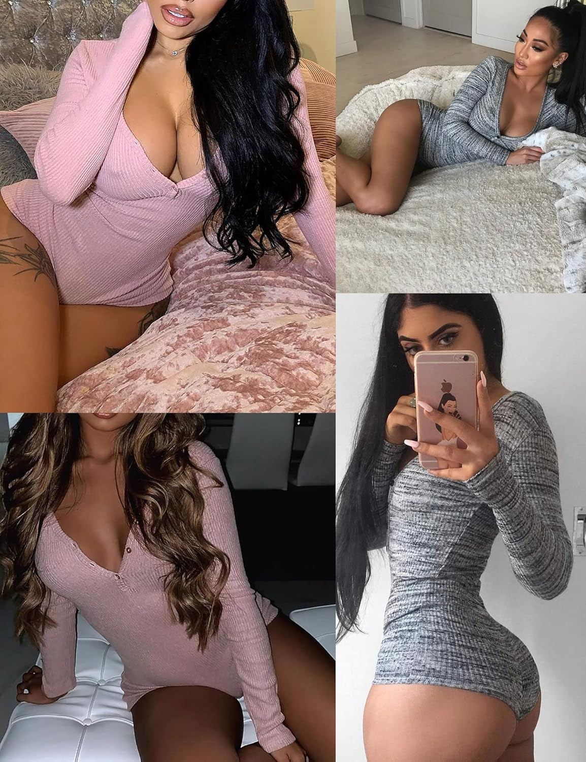 Women'S Knitted Bodysuit Bodycon Rompers Sexy Deep V Neck Long Sleeve Knitted Pajama