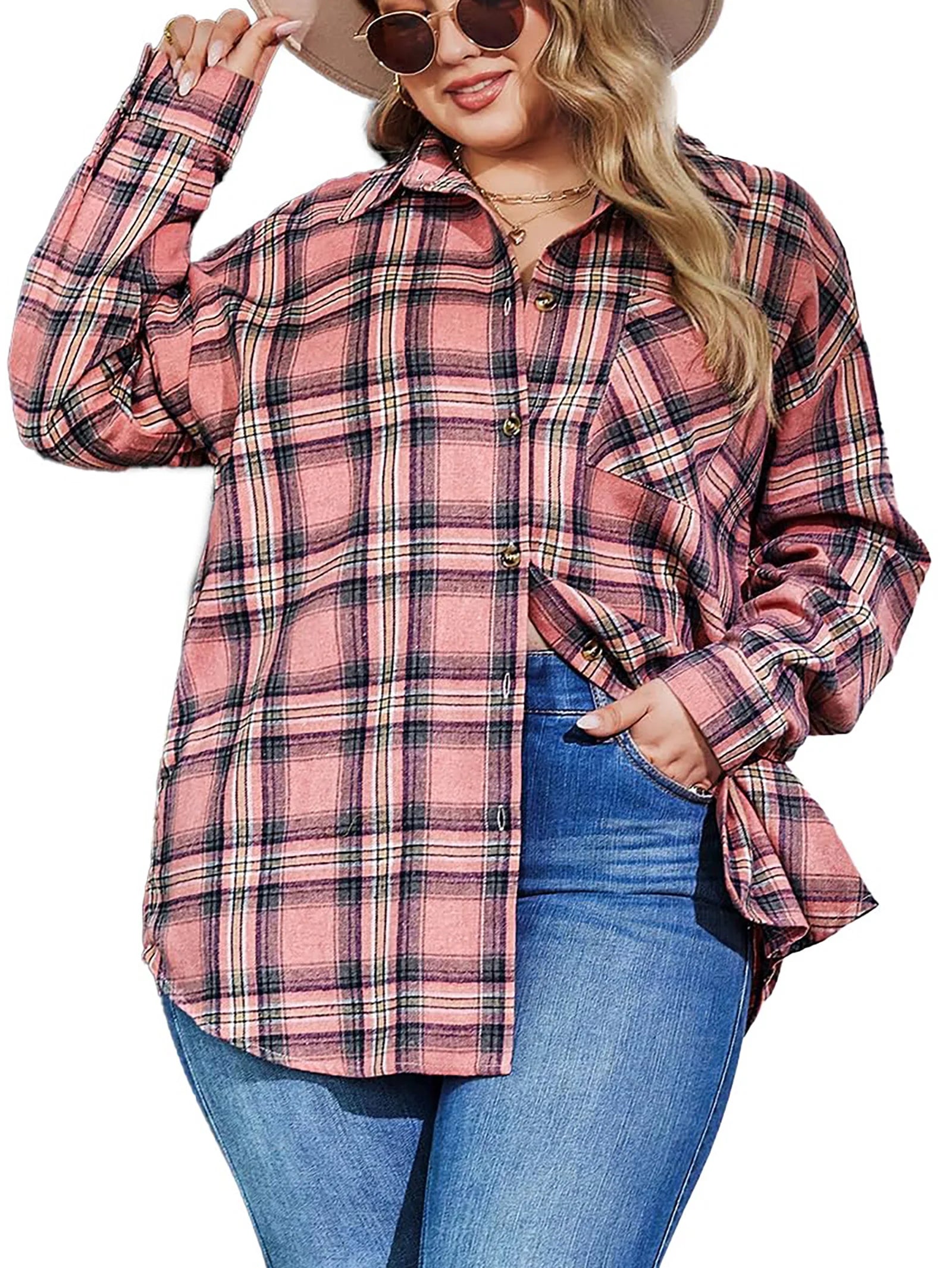 plus Size Flannel Plaid Shirts for Women Long Sleeve Button down Shirts Casual Loose Blouses Tops
