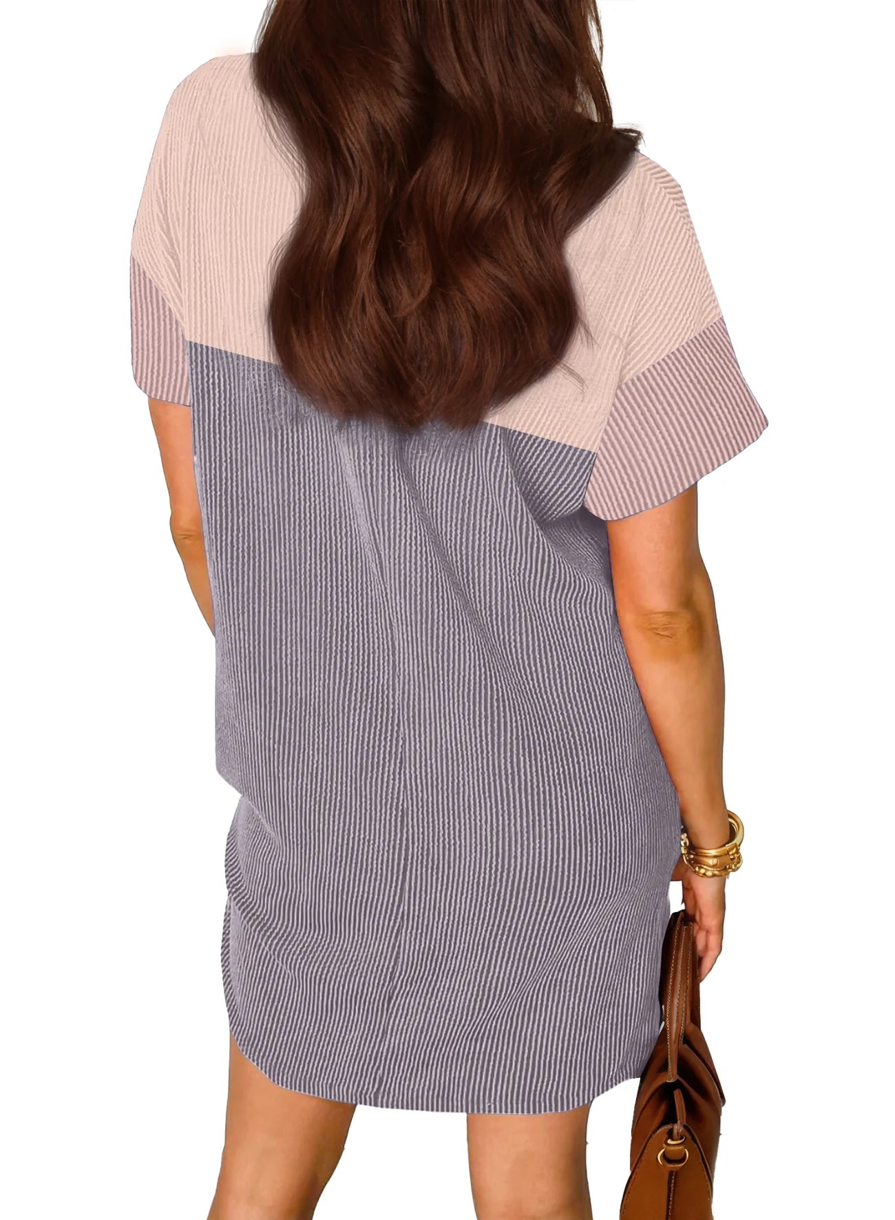 Summer Color Block Dresses for Women Crewneck Short Sleeve T Shirts Dress Ribbed Dresses with Pockets