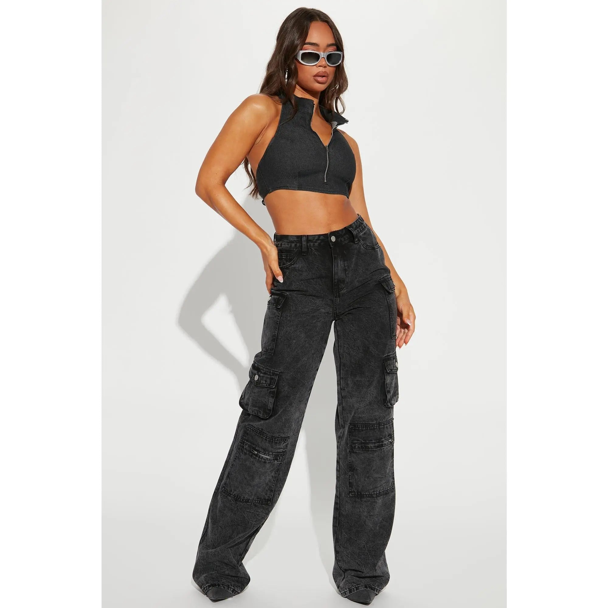 Tall Mad for You Cargo Jeans - Acid Wash Black