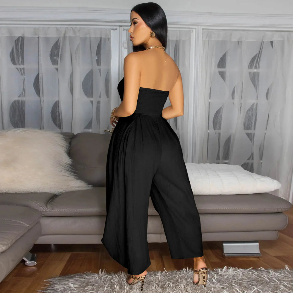 Echoine Strapless Tube Top Jumpsuit Women'S Backless Smocked Waist Harem Pants One Piece Overalls with Side Pockets Fashionable Summer Beach Wear Solid Color
