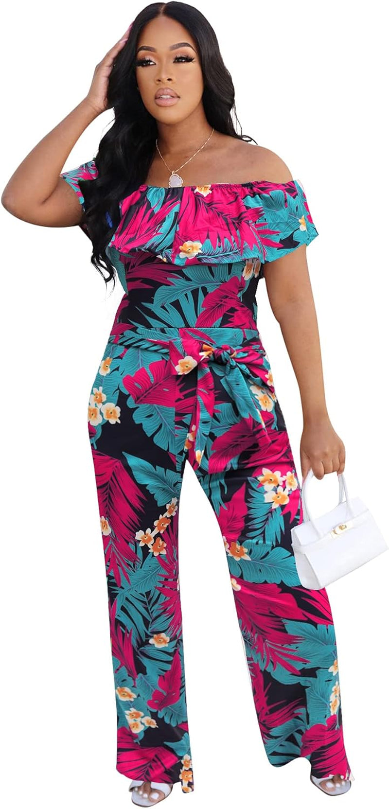 plus Size Jumpsuits for Women Sexy off the Shoulder Floral Print Ruffle Wide Leg Pants Suits