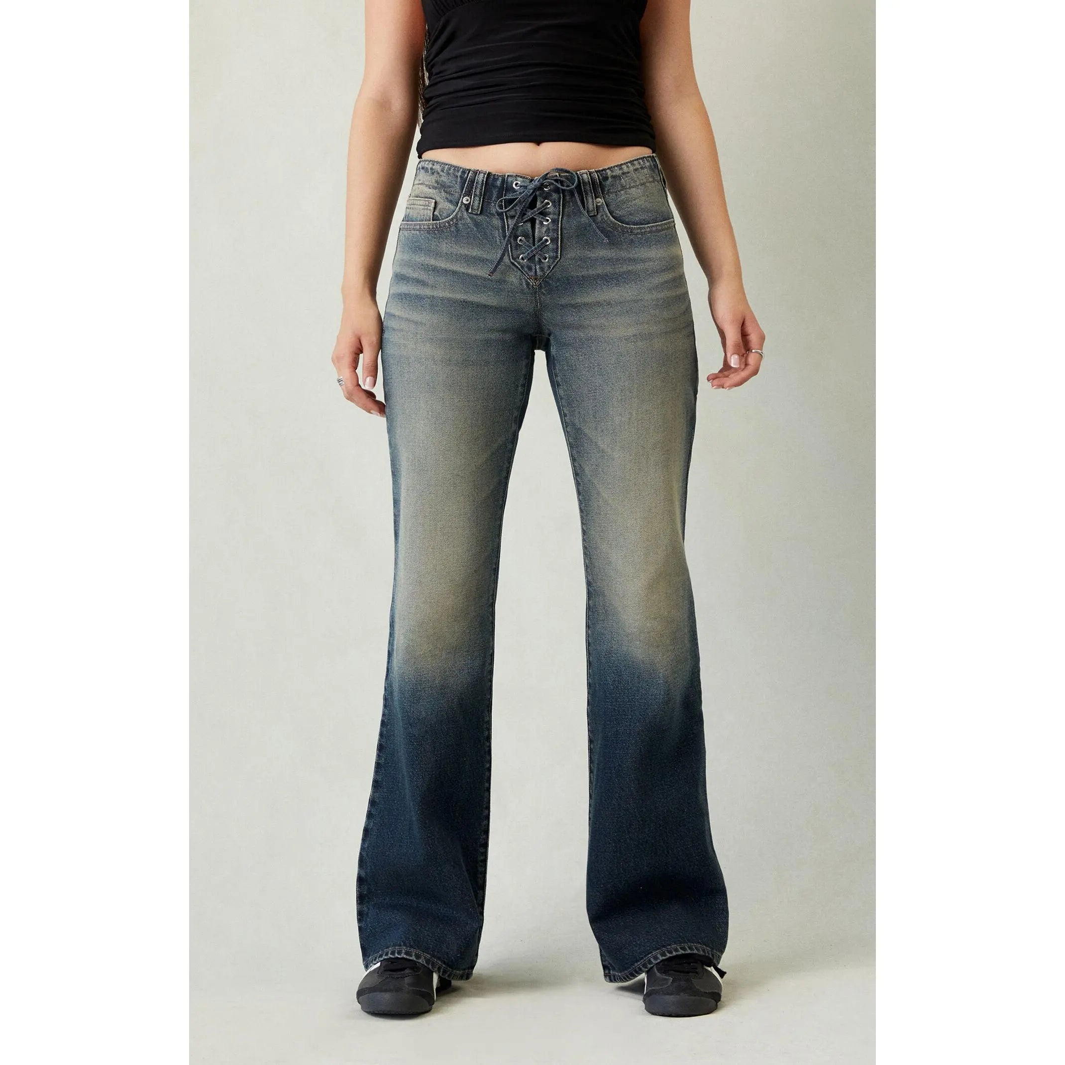 Pacsun Women'S Jade Low Rise Bootcut Jeans Lace-Up Dark Blue