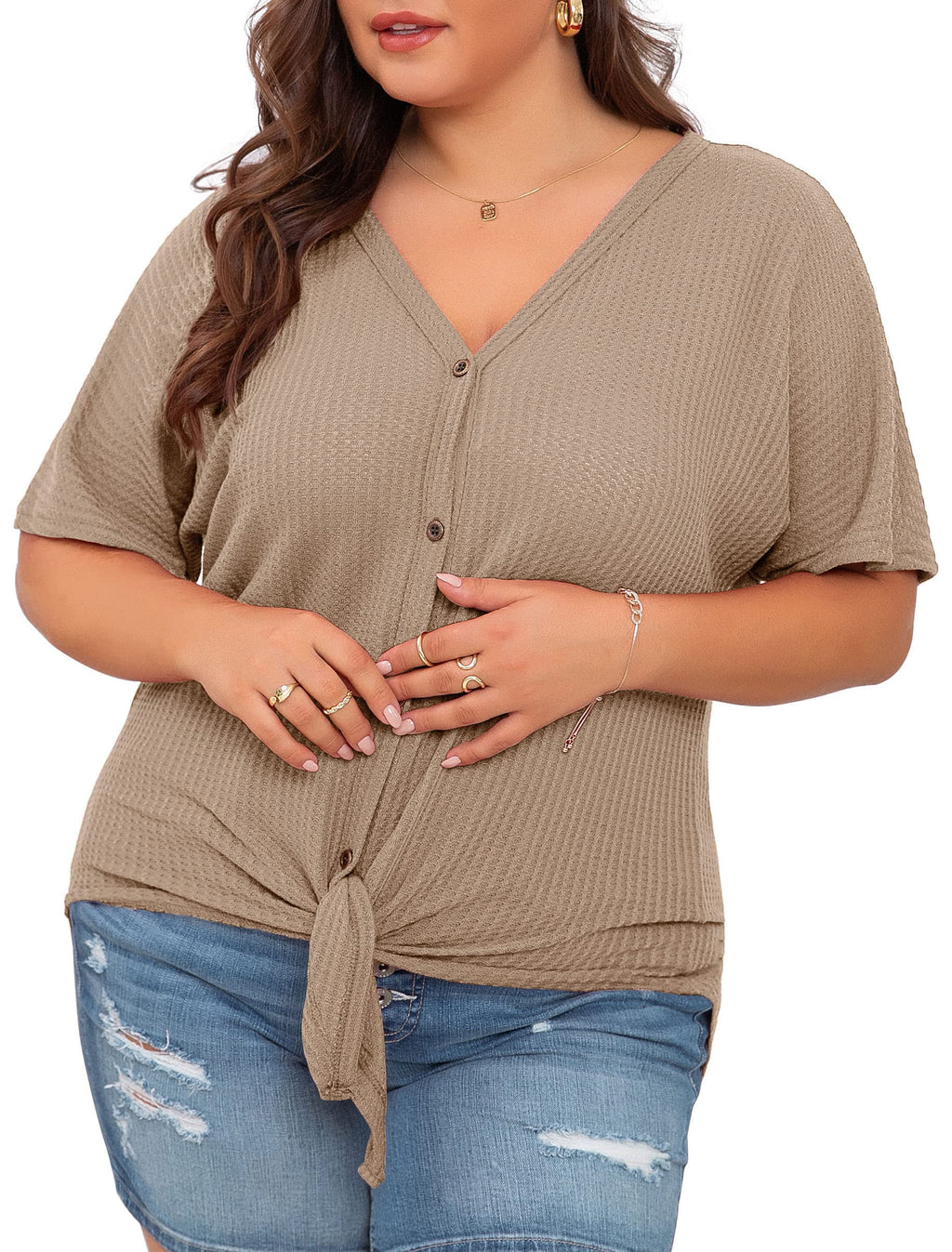 Womens plus Size Tops Short Sleeve V Neck Waffle Knit Tunic Blouse Tie Front Button up T Shirts