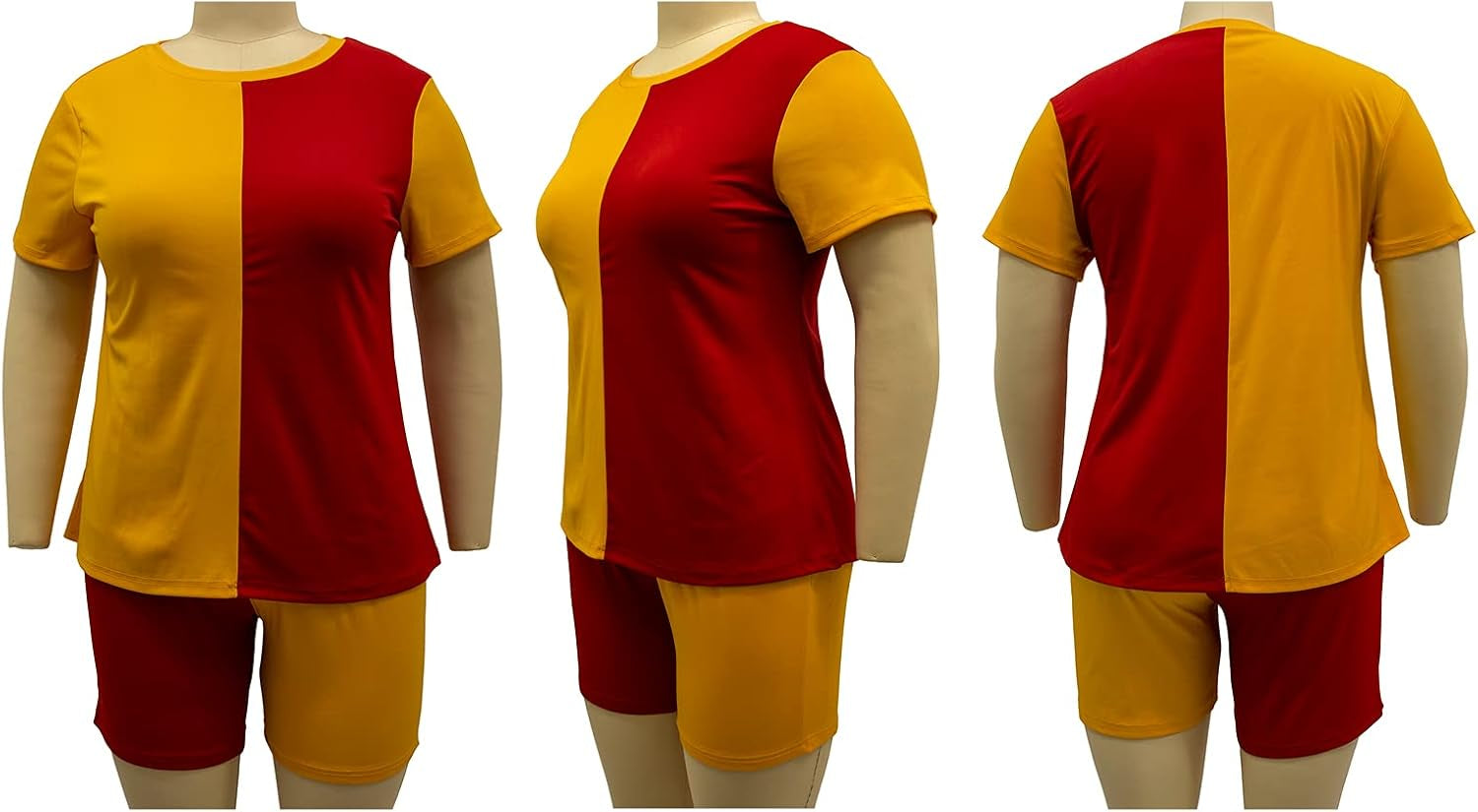 plus Size Casual Summer Two Piece Outfits Women Biker Shorts Set Rompers Color Block 1X Red Yellow