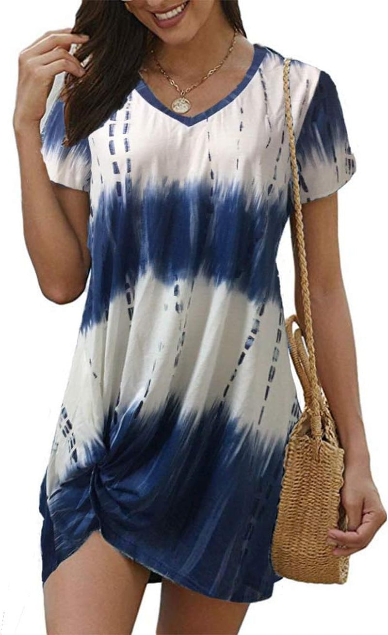 Loose Fit Short Sleeve Tie Dye Dress Casual V Neck Knee Length Tee Dress XXL Blue Floral