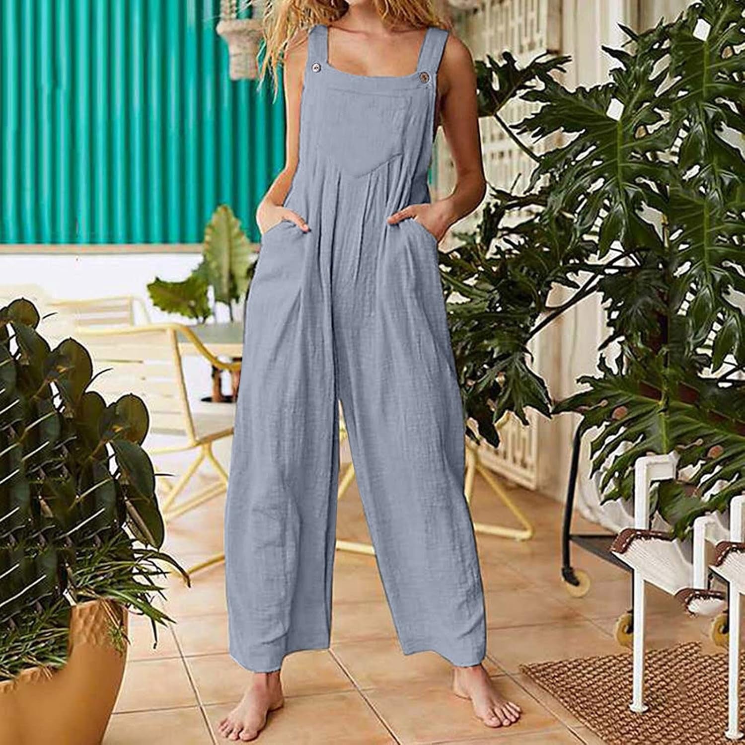 Women'S Linen Bib Overall Romper Wide Leg Rompers Plain Jumpsuit Overall Rompers with Pockets Adjustable Buttons Romper