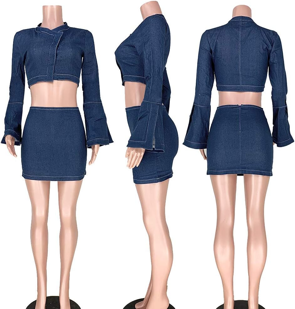 Women 2 Piece Bodycon Shorts-Sexy Nightclub Party Denim Jumpsuit Rompers Long Sleeve Crop Top Mini Jeans Skirt Set