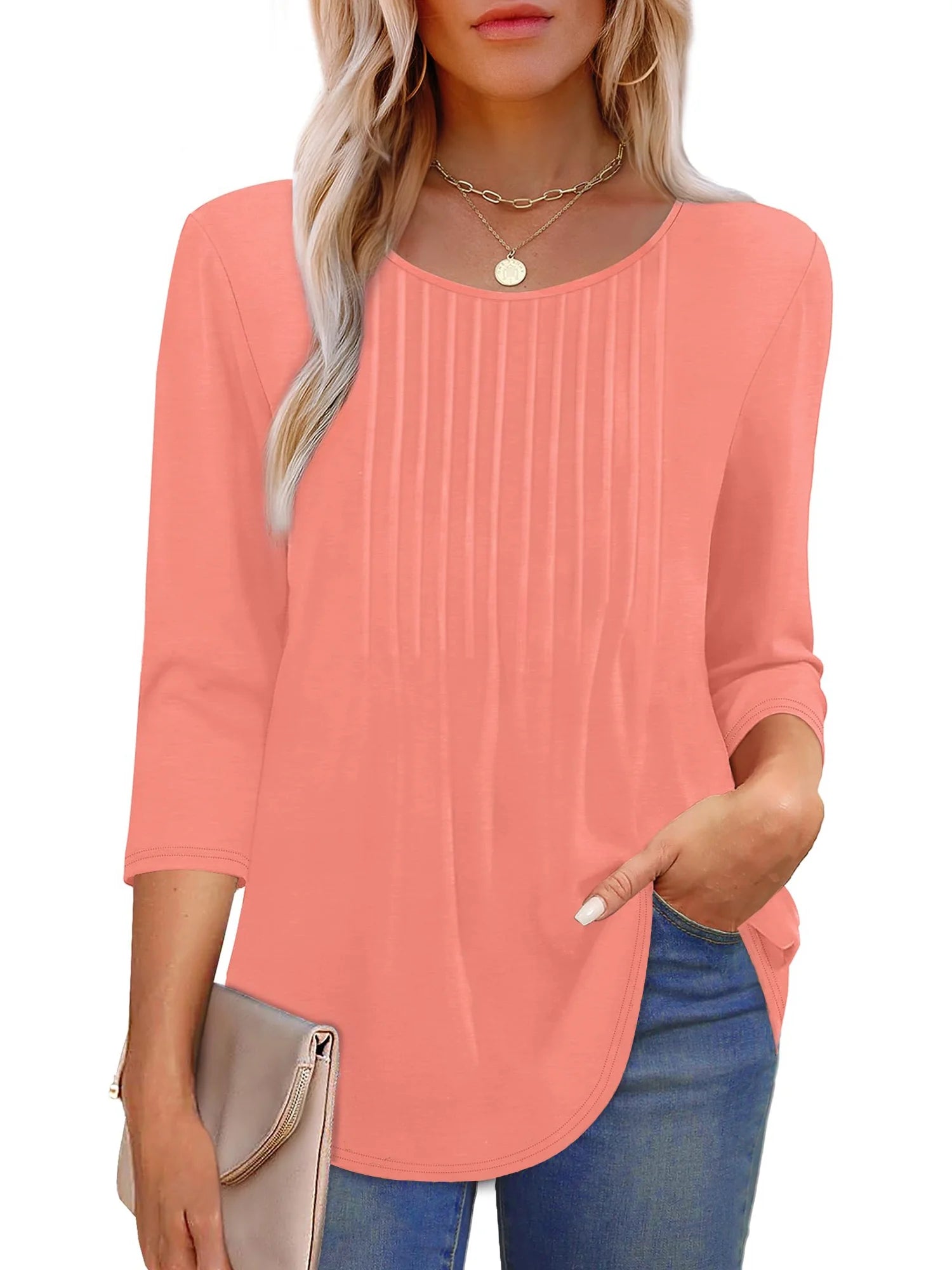Women Summer Blouses 3/4 Sleeves Loose Fit Shirts Ladies Pleated Crew Neck Tunic Tops