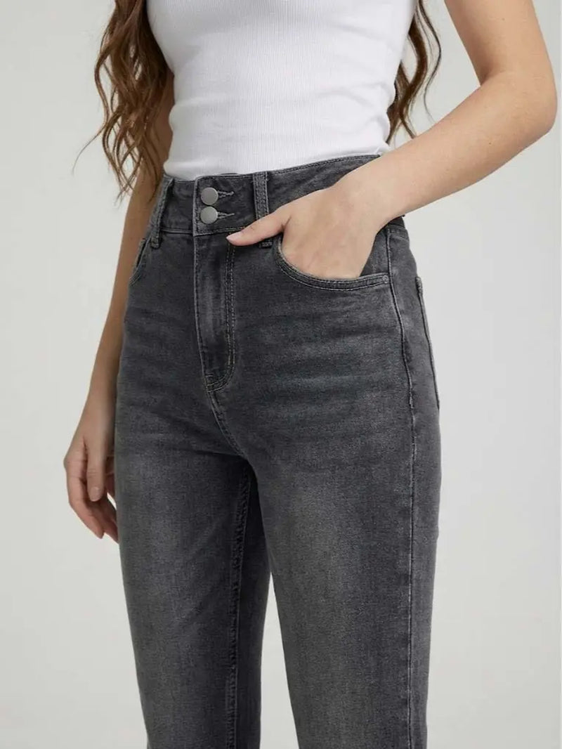 70562-Women'S High Rise Bootcut Jeans, Double-Button Denim Pants for Comfortable Style, Distressed Back Pocket Slim Fit