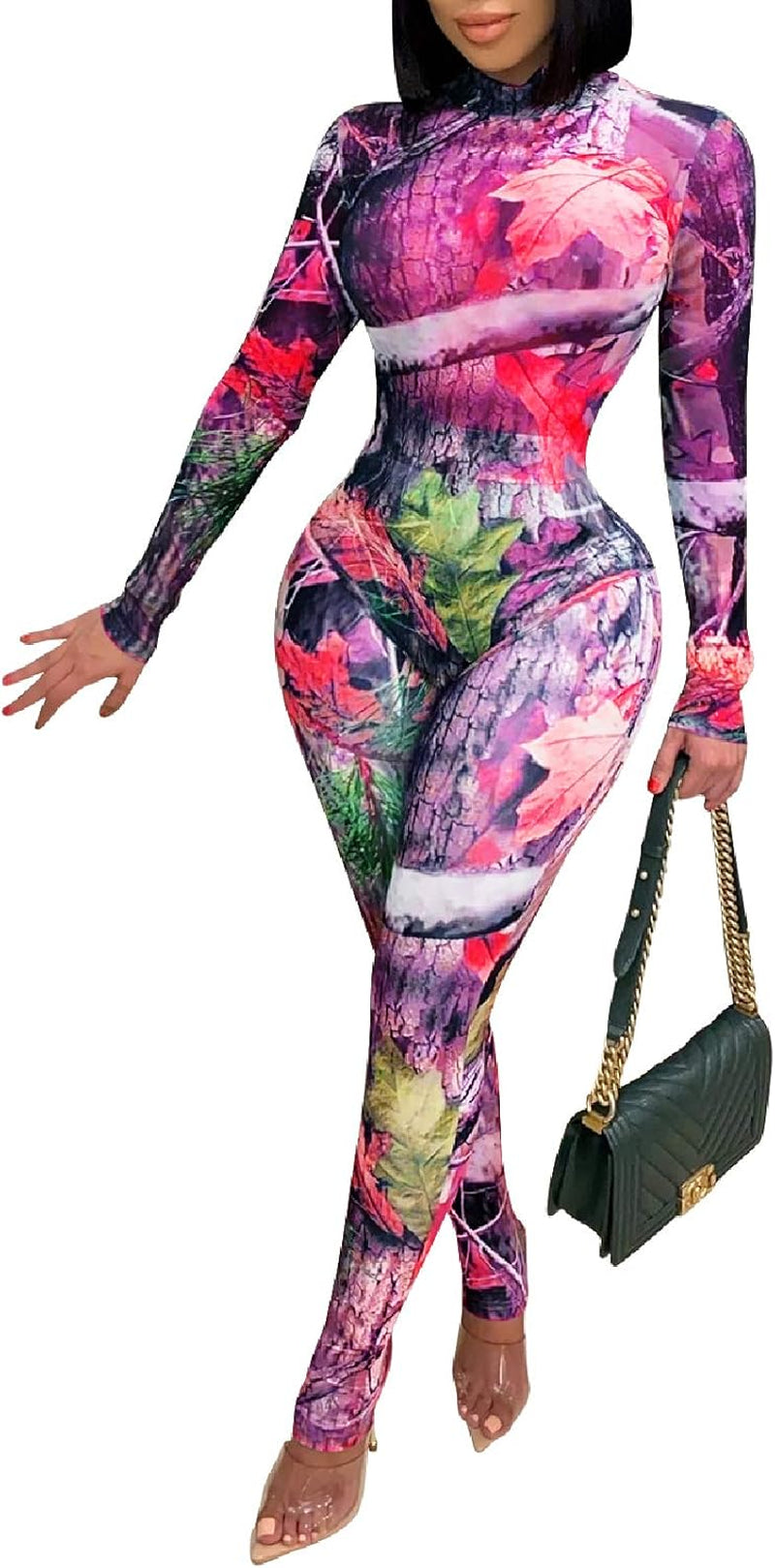 Women'S Sexy Bodycon Jumpsuit See through Mesh Bodysuit Long Sleeve Turtle Neck Romper Clubwear