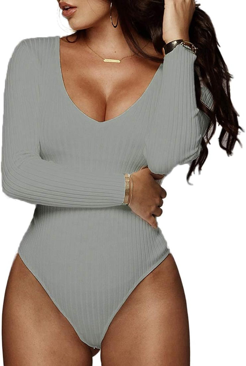 Womens Sexy V Neck Bodysuit Basic Ribbed Long Sleeve Jumpsuits Tops for Women Fall Tops