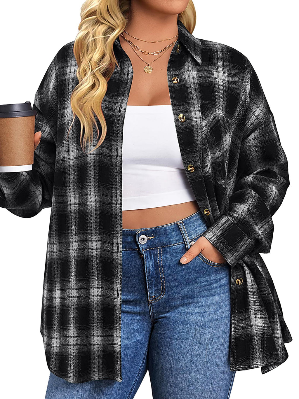 plus Size Flannel Plaid Shirts for Women Long Sleeve Button down Shirts Casual Loose Blouses Tops