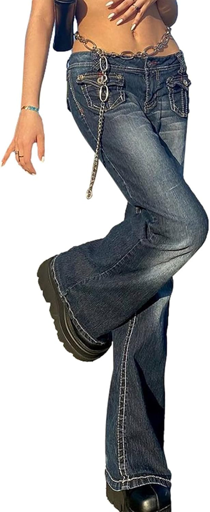 Women Fashion Denim Pants High Waist Straight Leg Baggy E-Girls Boyfriend Jeans Trousers Streetwear(Blue-34,Medium)