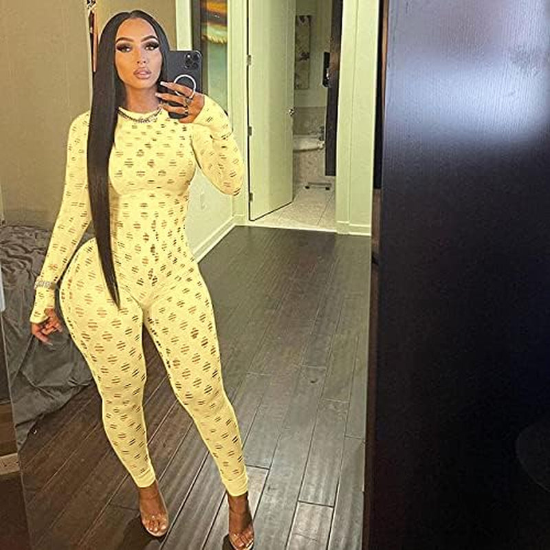 Jumpsuits for Women Elegant Long Sleeve Hollow Out Jumper One Piece Club Outfits Yellow M
