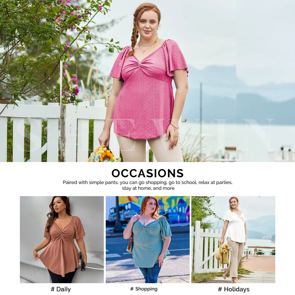 Womens plus Size Tops V Neck Short Sleeve Summer Loose Peplum Shirts High Elasticity