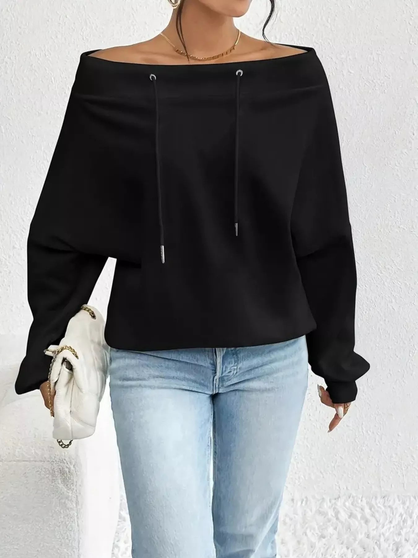 Off-Shoulder Drawstring Sweatshirt