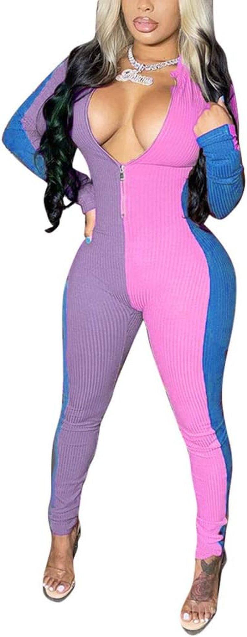 Womens Sexy Color Block Zip up Long Sleeve Bodycon Jumpsuits Clubwear Purple Size L