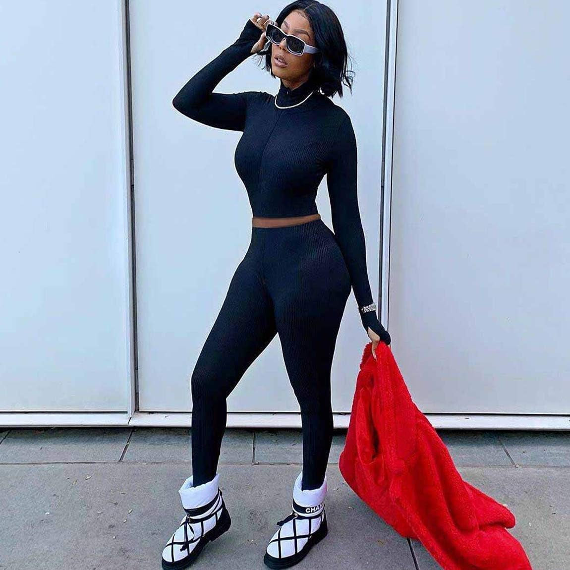 Women Embroidery Zipper High Neck Long Sleeve Bodycon Jumpsuit Shorts Rompers Party Clubwear Outfits Bodysuit (Black-2, XL)