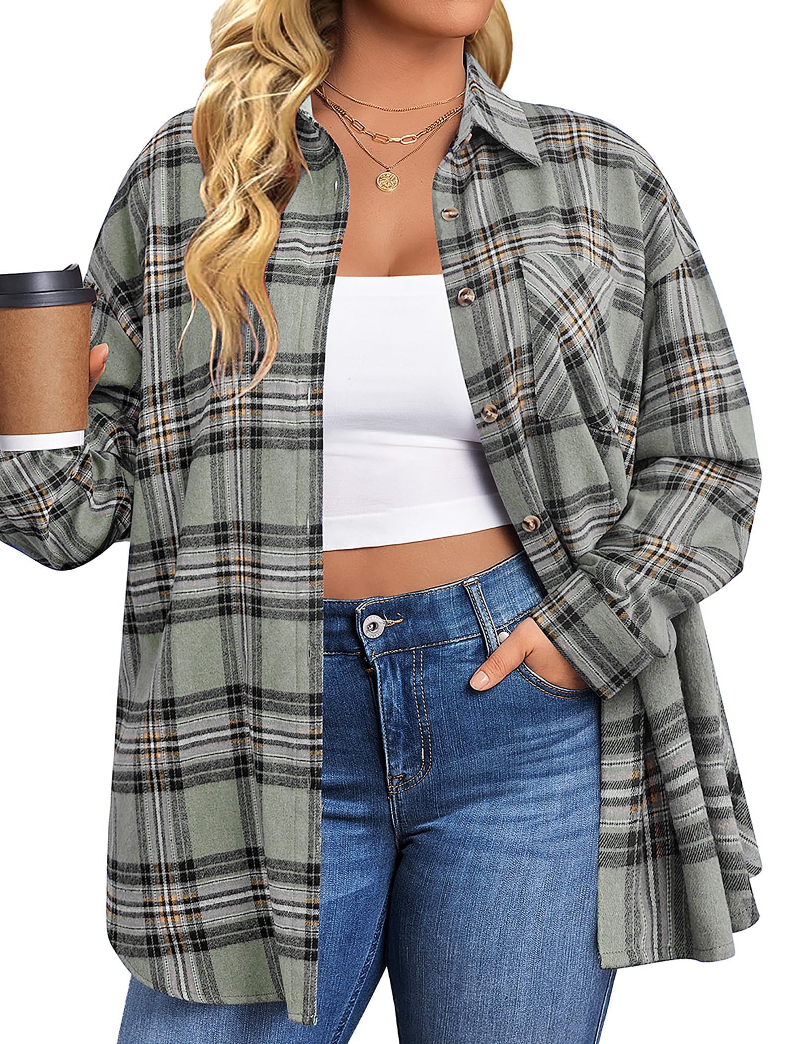 plus Size Flannel Plaid Shirts for Women Long Sleeve Button down Shirts Casual Loose Blouses Tops