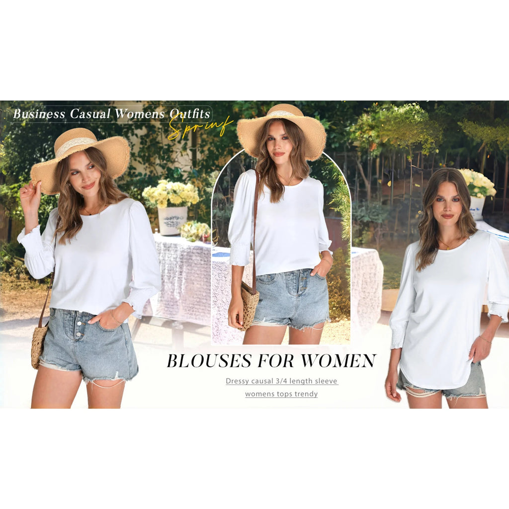 Summer Blouses for Women 3/4 Sleeve Shirts Ladies Casual Crew Neck Womens Tunic Tops