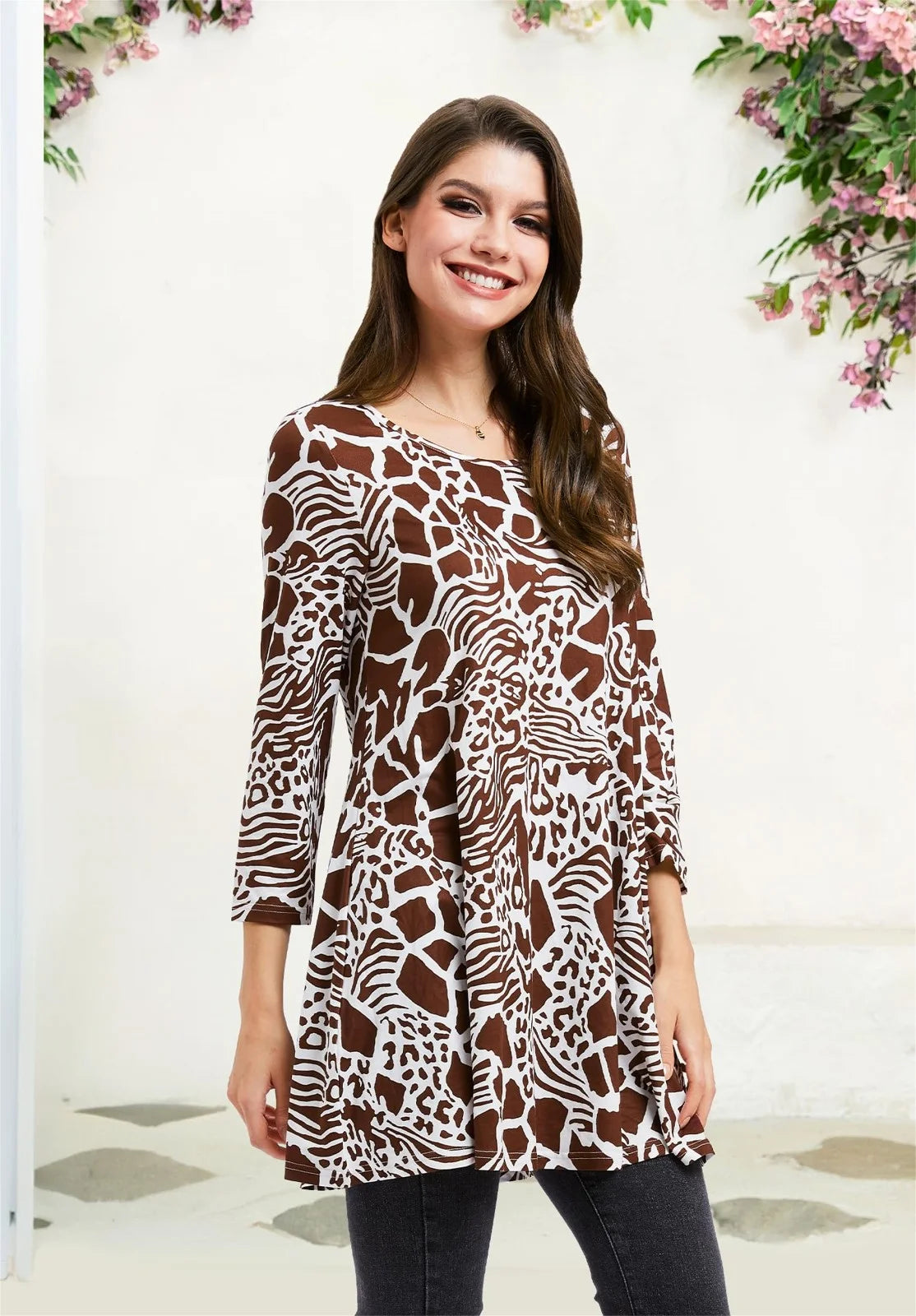 Women'S 3/4 Sleeve Tunic Tops Loose Fit plus Size Blouses Casual Swing Shirts Brown Tee L