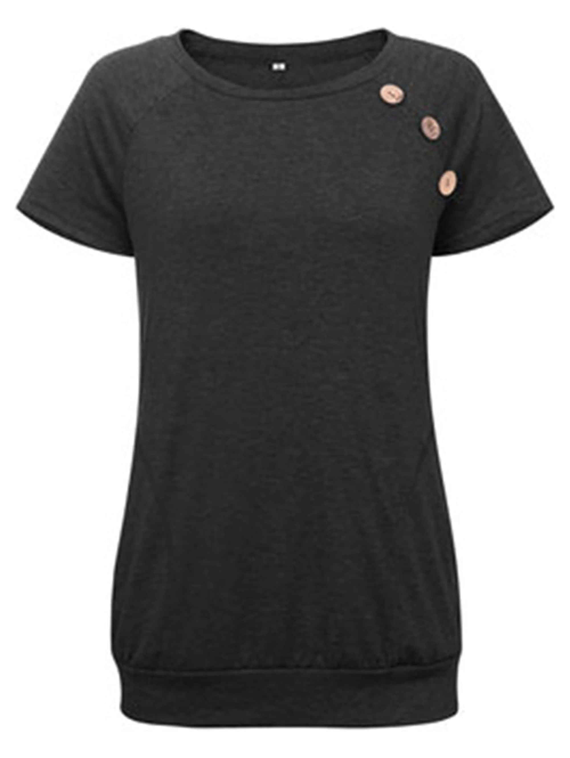 Women'S Tops Short Sleeve Blouse Summer Casual T Shirts Loose Fit Tunic Top with Side Button Black Tees