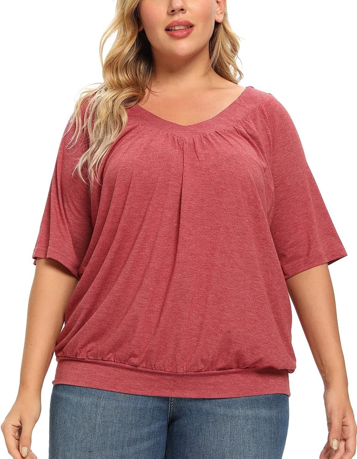 Women'S plus Size Tops Pleated V Neck Loose Baggy Blouse T Shirts