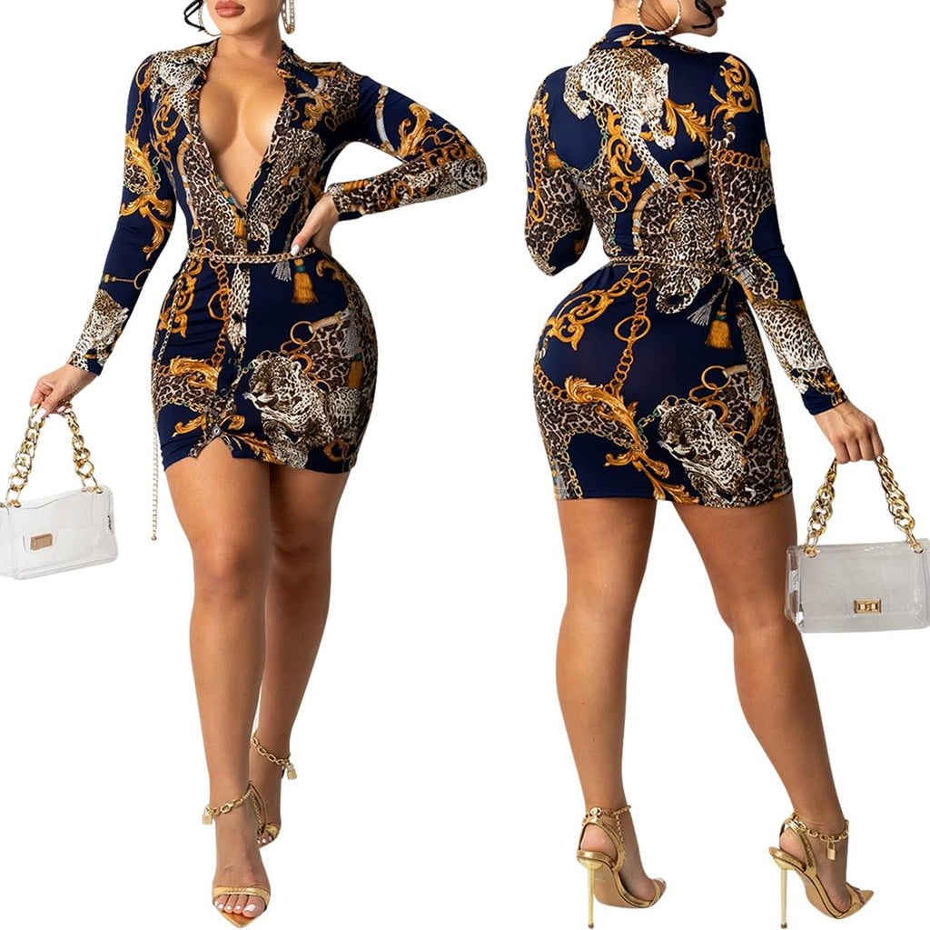 Womens Sexy Deep V Neck Long Sleeve Bodycon Printing Midi Party Cocktail Dress(5299-Blue-M)