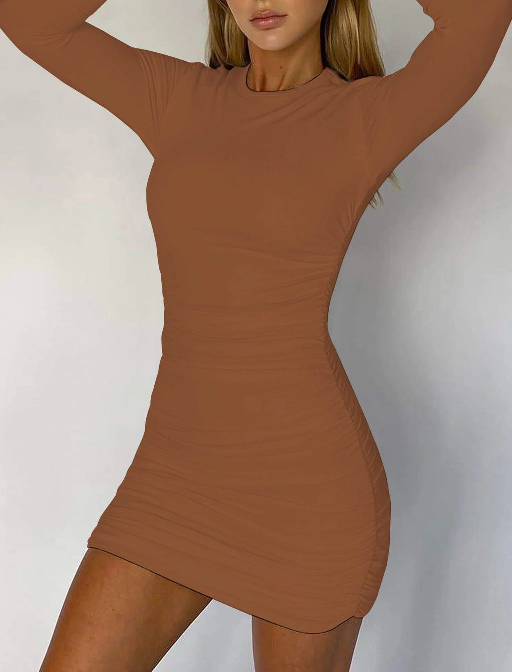 Women'S Sexy Dress Long Sleeve Crew Neck Ribbed Dress for Womens Slim Fit Ruched Stretchy Casual Mini Dresses Caramel Brown