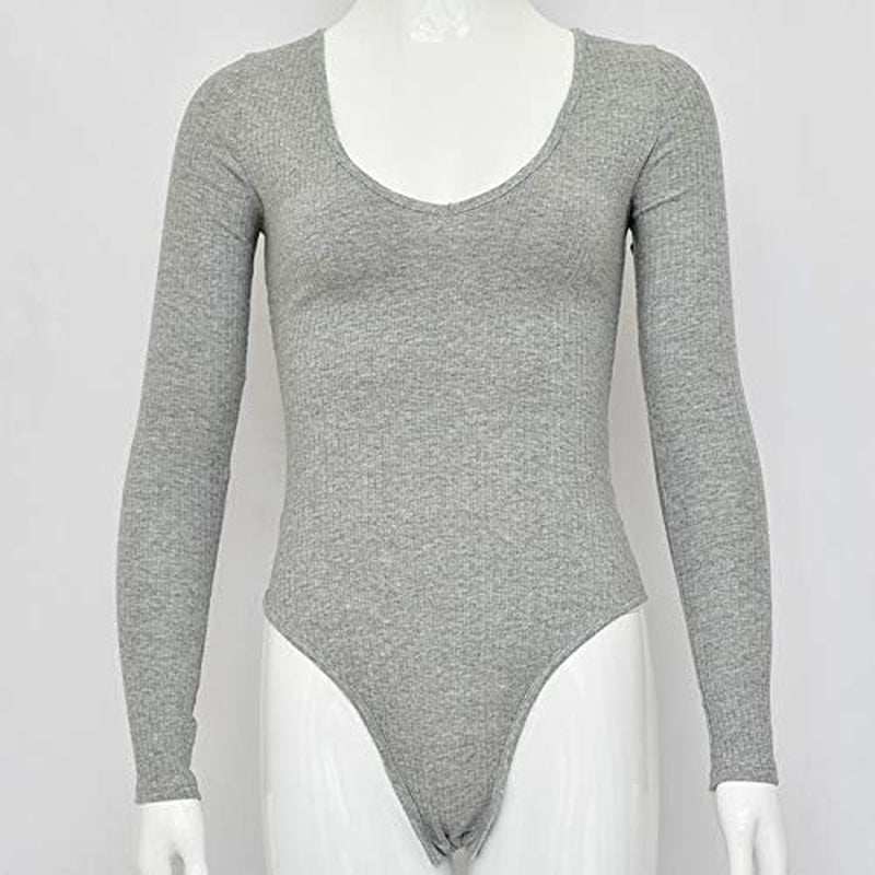 Womens Sexy V Neck Bodysuit Basic Ribbed Long Sleeve Jumpsuits Tops for Women Fall Tops