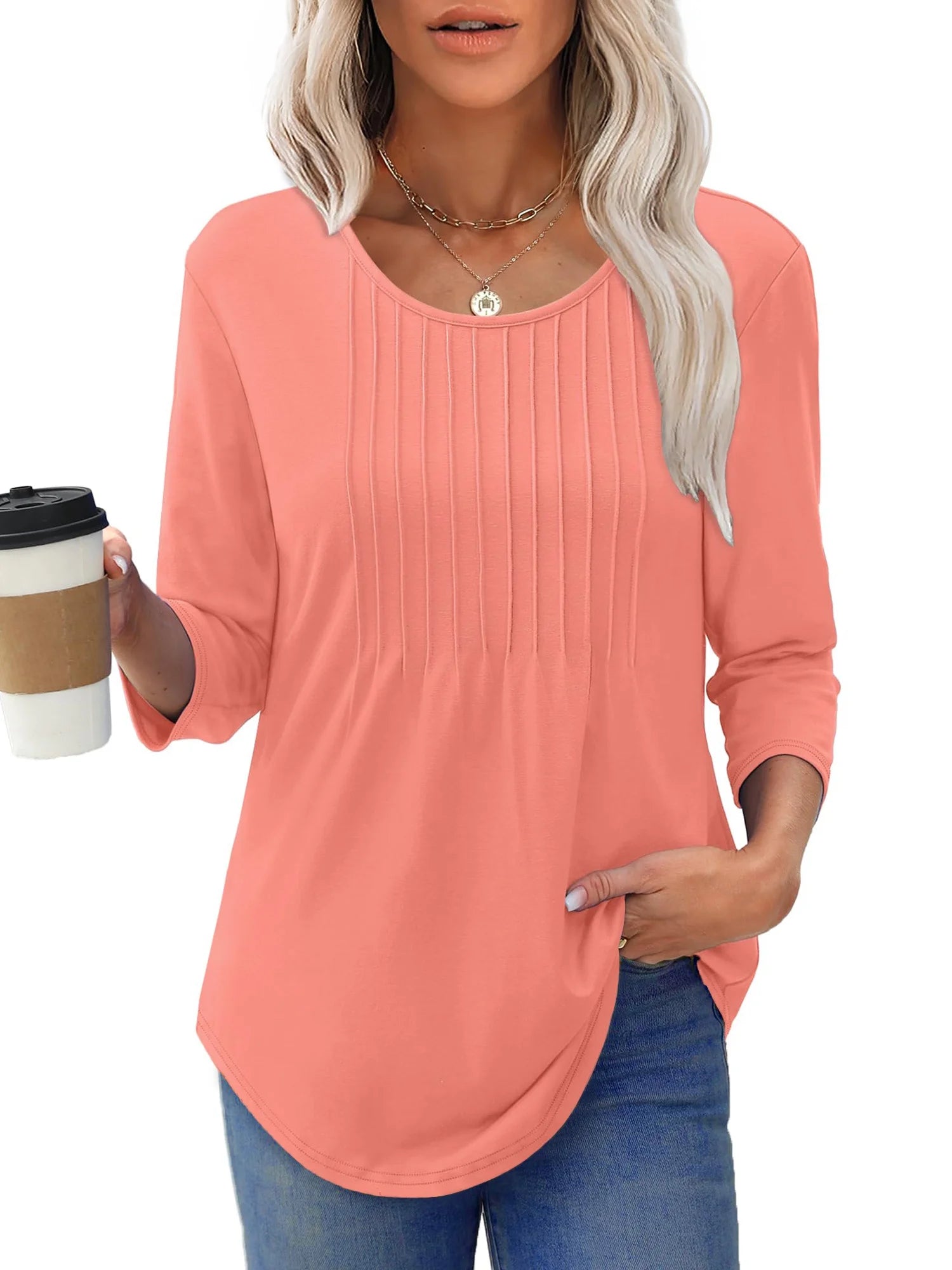 Women Summer Blouses 3/4 Sleeves Loose Fit Shirts Ladies Pleated Crew Neck Tunic Tops