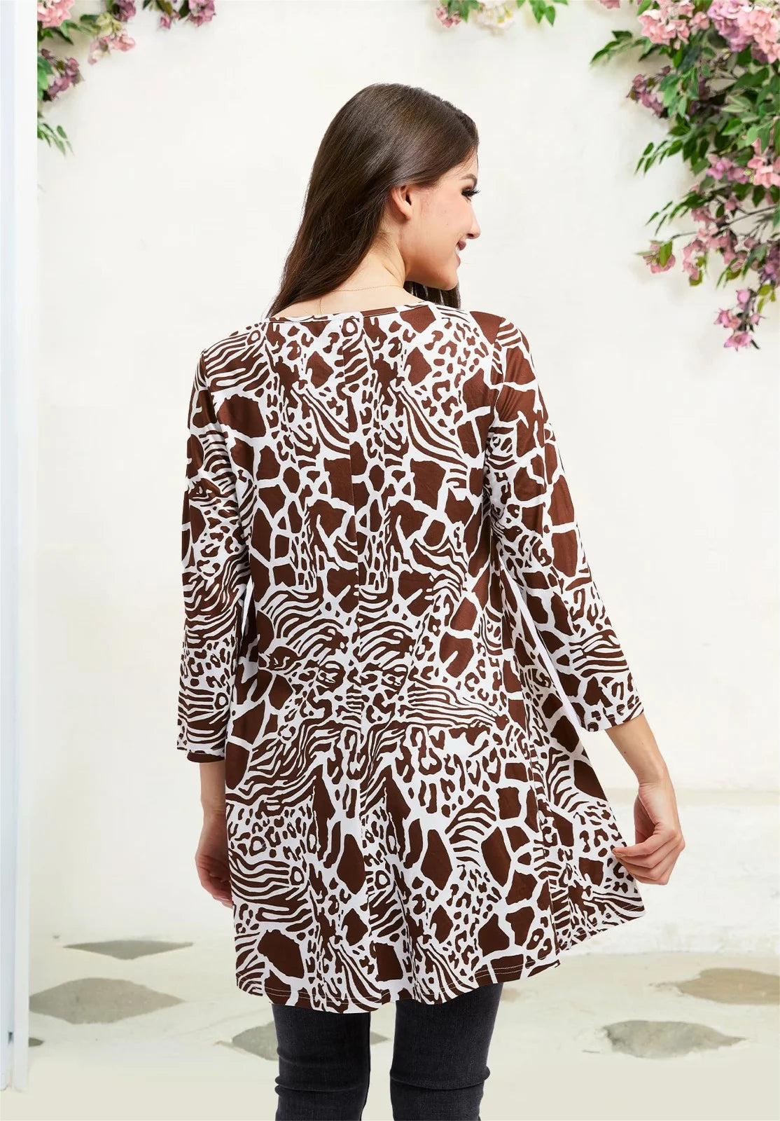Women'S 3/4 Sleeve Tunic Tops Loose Fit plus Size Blouses Casual Swing Shirts Brown Tee L
