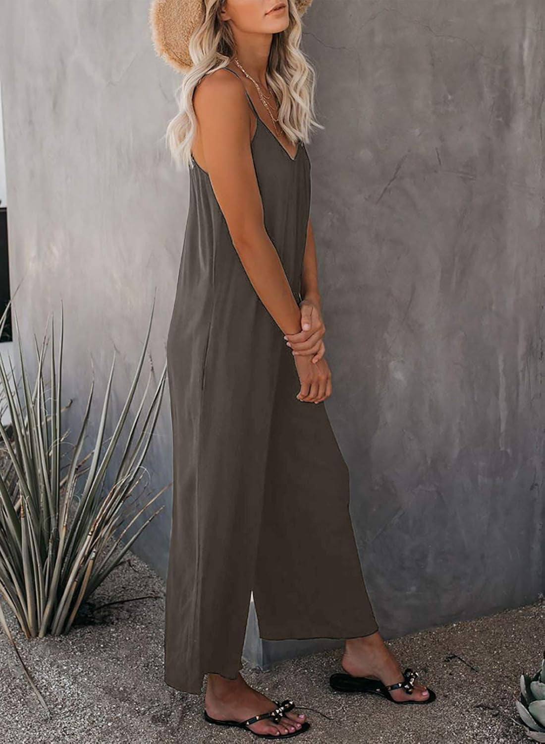 Womens plus Size Sleeveless V Neck Adjustable Spaghetti Strap Long Romper Jumpsuits with Pockets,Xxx-Large Gray