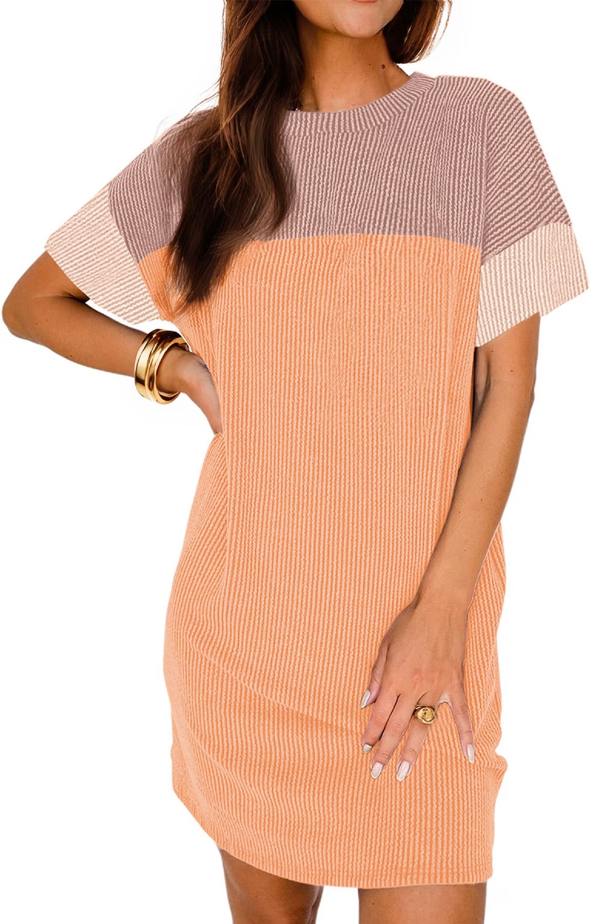 Summer Color Block Dresses for Women Crewneck Short Sleeve T Shirts Dress Ribbed Dresses with Pockets