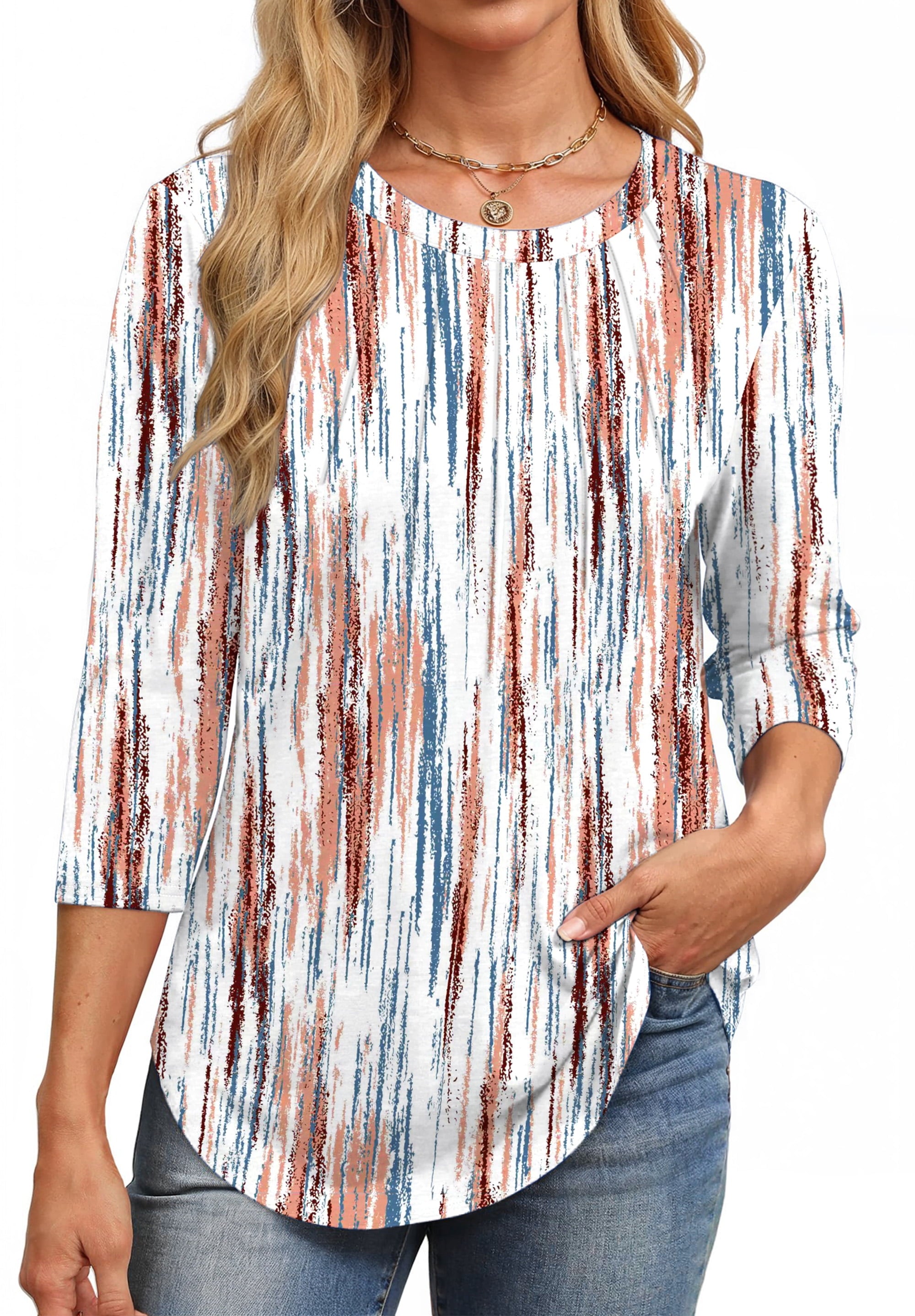 Womens plus Size Tops 3/4 Sleeve Pleated Dressy Blouses Crew Neck Casual Tunic Tops Summer Shirts