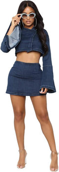 Women 2 Piece Bodycon Shorts-Sexy Nightclub Party Denim Jumpsuit Rompers Long Sleeve Crop Top Mini Jeans Skirt Set