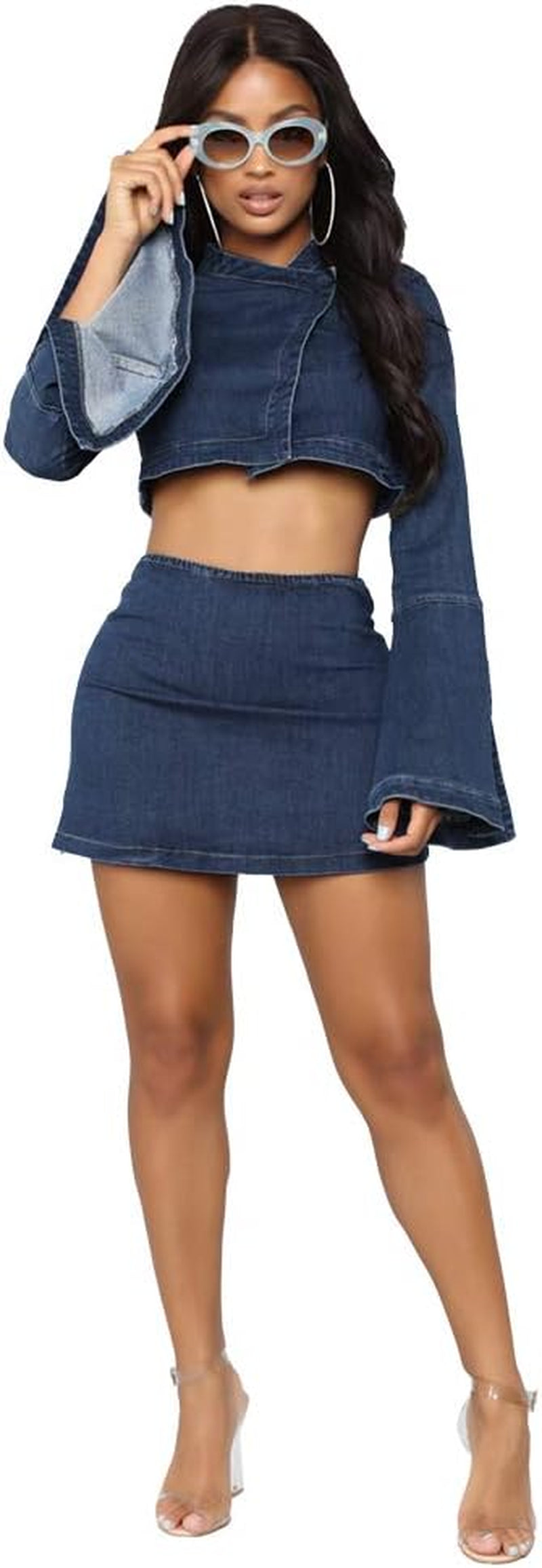 Women 2 Piece Bodycon Shorts-Sexy Nightclub Party Denim Jumpsuit Rompers Long Sleeve Crop Top Mini Jeans Skirt Set