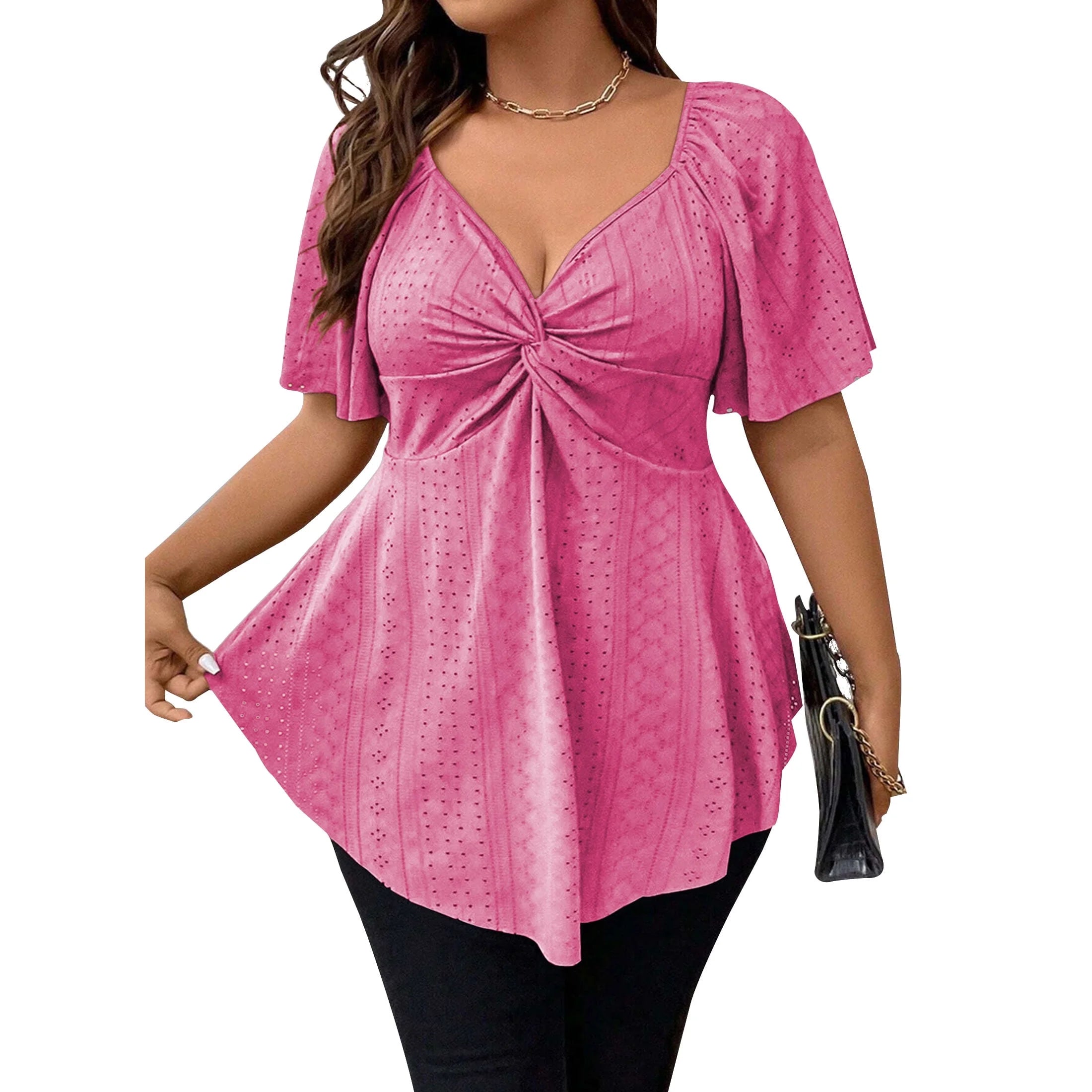 Womens plus Size Tops V Neck Short Sleeve Summer Loose Peplum Shirts High Elasticity
