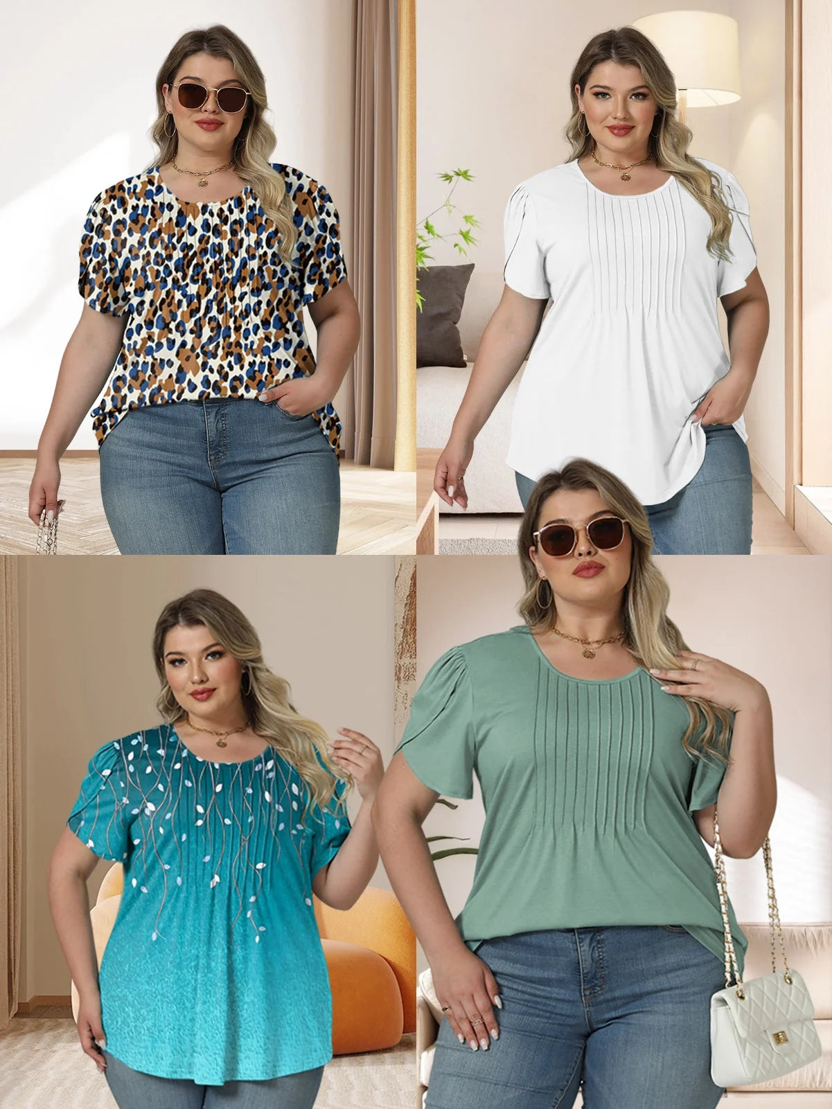 Womens plus Size Tops Dressy Petal Sleeve Shirts 2025 Crew Neck Summer Loose Fit Blouses 5X Lake Green