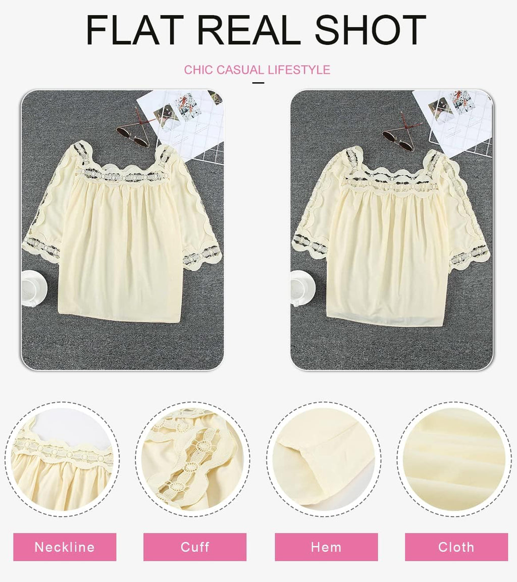 Women Lace Crochet Shirt Solid Color Square Collar Short Sleeve Pleated Pullover Hollow Out Smocked Top Daily Wear Summer,Xl(Us 14-16),White