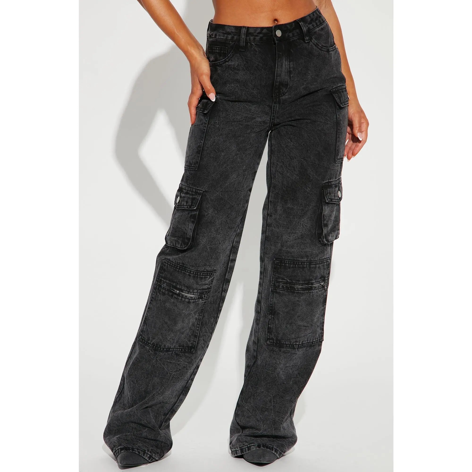 Tall Mad for You Cargo Jeans - Acid Wash Black