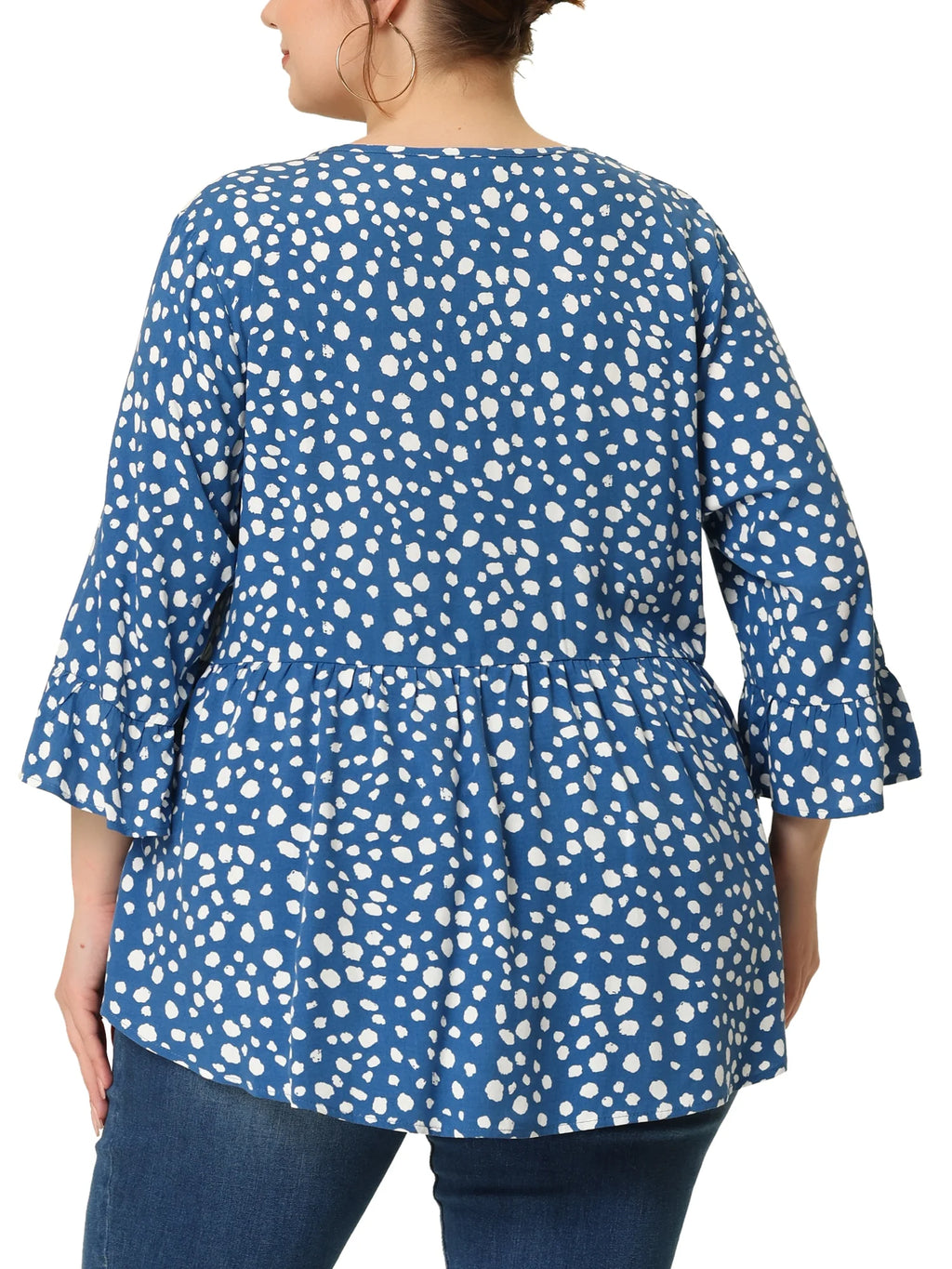 Women'S plus Size Tops Polka Dots V Neck 3/4 Sleeves Peplum Hem Babydoll Blouses 3X Blue